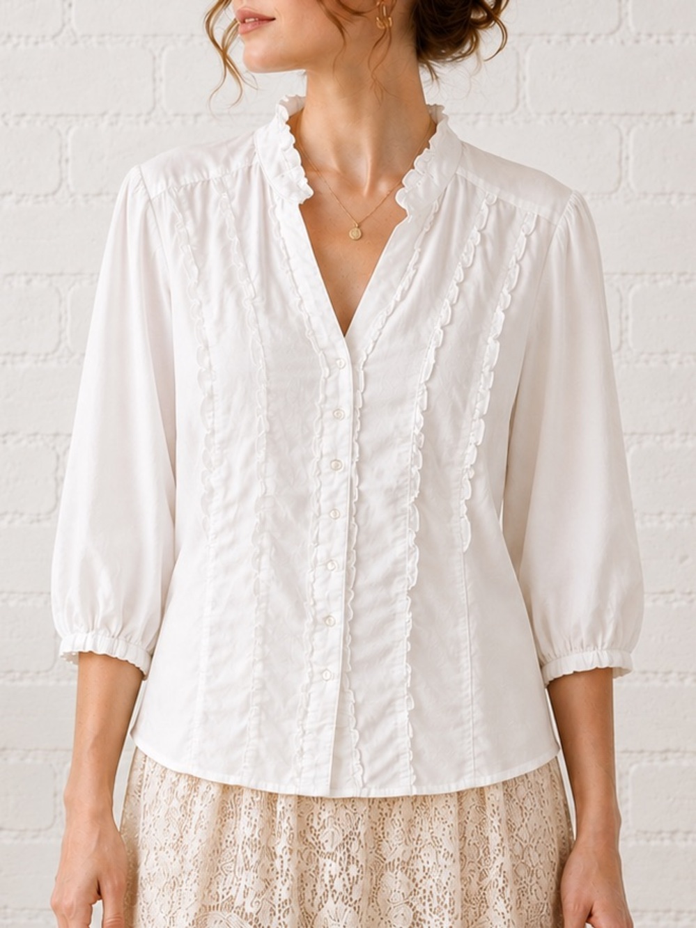 George Y2K White Ruffle Blouse L Edwardian Prairie Cottagecore Romantic Peasant